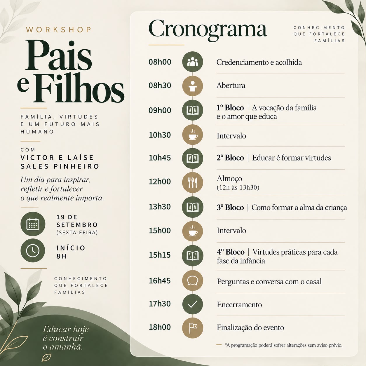 Cronograma do dia 19 de setembro — Workshop Pais e Filhos